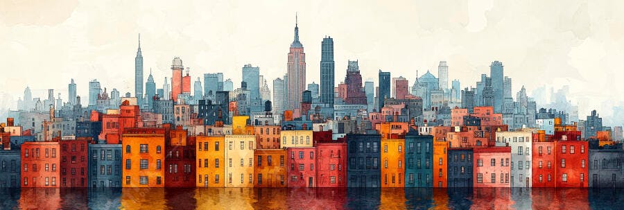 Ilustração Cidade Colorida Skyline Urbano Aquarela