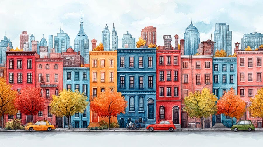 Ilustração Aquarela Prédios Coloridos Cidade Outono