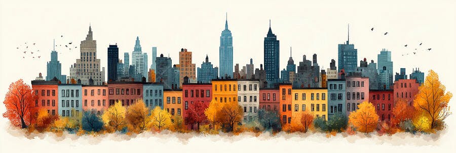 Ilustração Aquarela Cidade Outono Prédios Coloridos