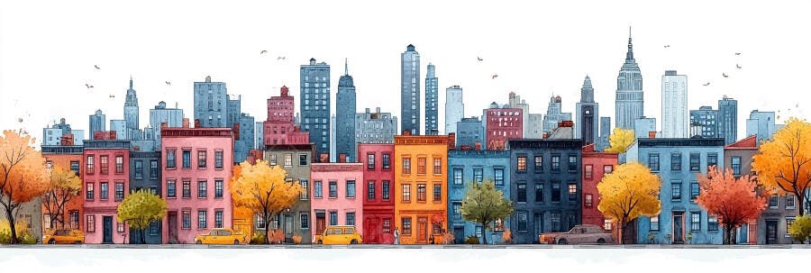 Ilustração Cidade Outono Prédios Coloridos Aquarela