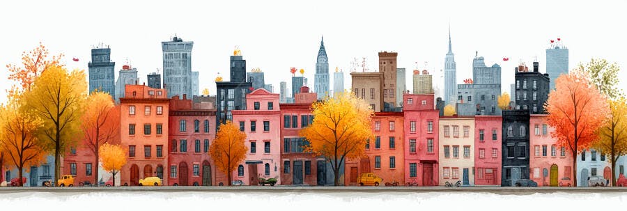 Ilustração Cidade Outono Casas Coloridas Árvores Amarelas