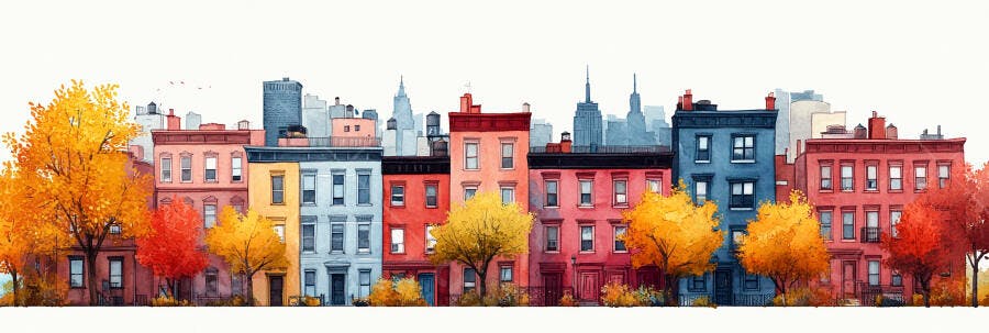 Ilustração Casas Coloridas Outono Árvores Amarelas