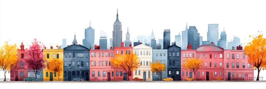 Ilustração Cidade Outono Prédios Coloridos Árvores Laranjas