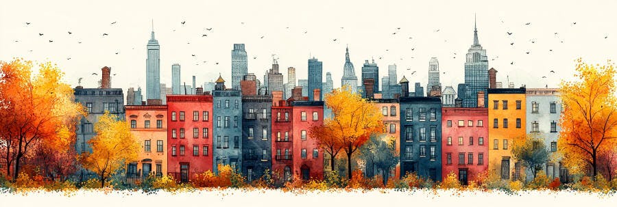 Ilustração Aquarela Cidade Outono Prédios Coloridos
