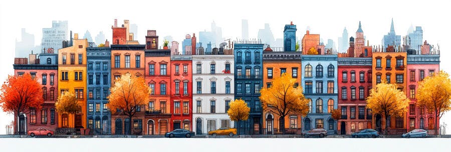Ilustração Prédios Coloridos Outono Rua Cidade