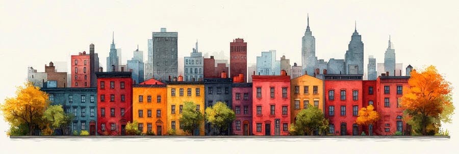 Ilustração Cidade Colorida Prédios e Árvores Outono