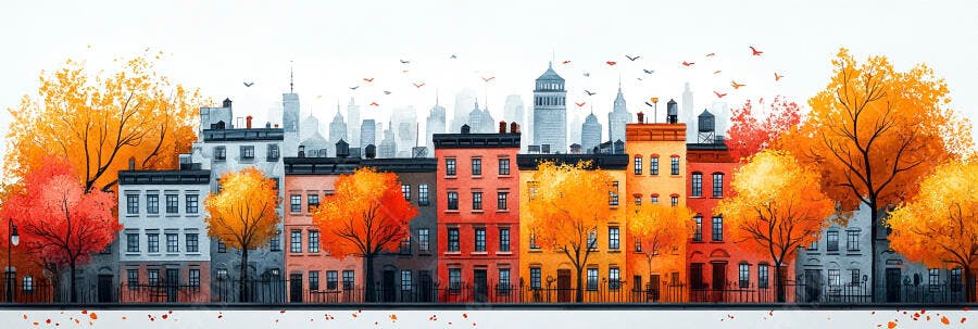 Ilustração Cidade Outono Prédios Coloridos Árvores Laranjas