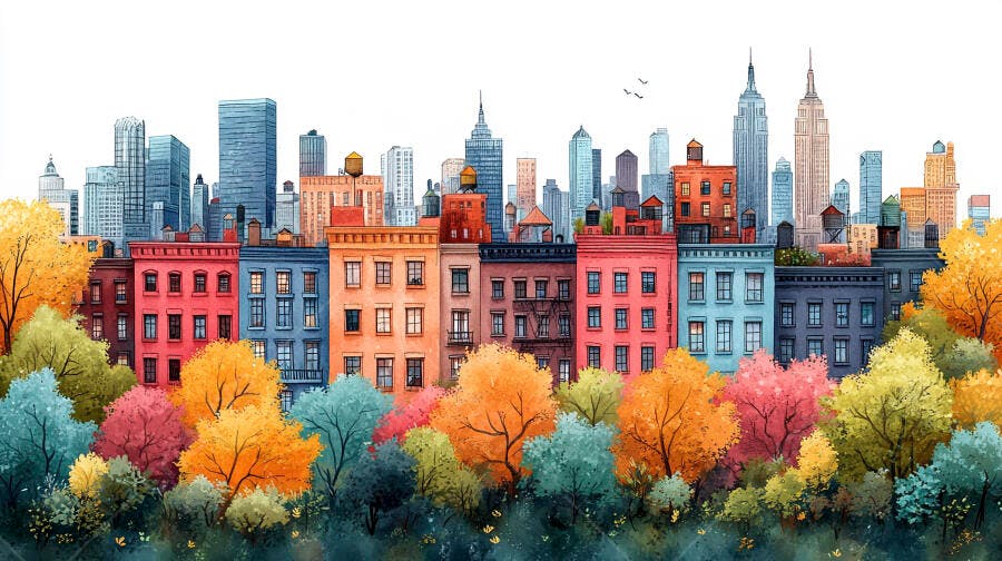Foto Aquarela Cidade Nova York Outono Edifícios Coloridos