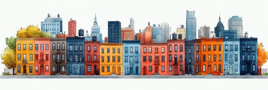 Ilustração Cidade Colorida Casas e Prédios Urbanos Aquarela