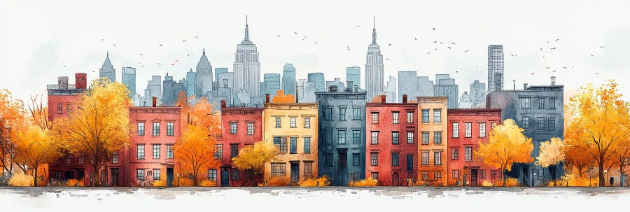 Ilustração Aquarela Prédios Cidade Outono Folhas Laranjas