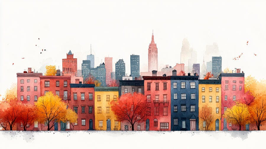 Ilustração Aquarela Cidade Outono Prédios Coloridos