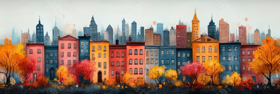 Ilustração Cidade Outono Aquarela Edifícios Coloridos