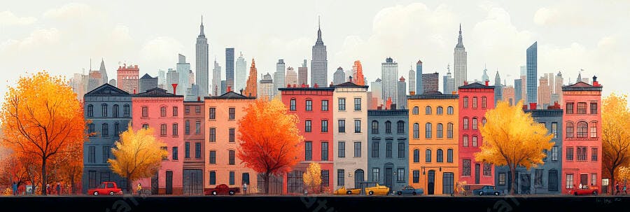 Ilustração Cidade Outono Prédios Coloridos Nova York