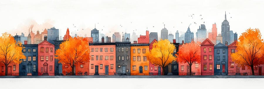 Ilustração Aquarela Cidade Outono Prédios Árvores Laranjas