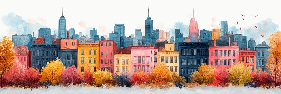 Ilustração Aquarela Cidade Outono Prédios Coloridos