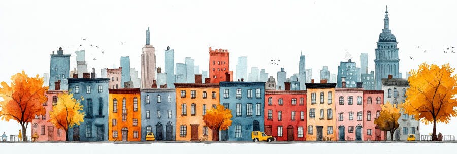 Ilustração Aquarela Cidade Nova York Prédios Outono