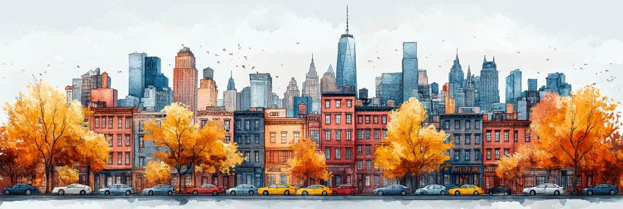 Ilustração Aquarela Cidade Outono Prédios e Árvores Laranjas