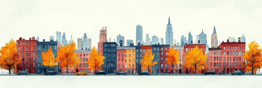 Ilustração Cidade Outono Prédios Coloridos Árvores Laranjas