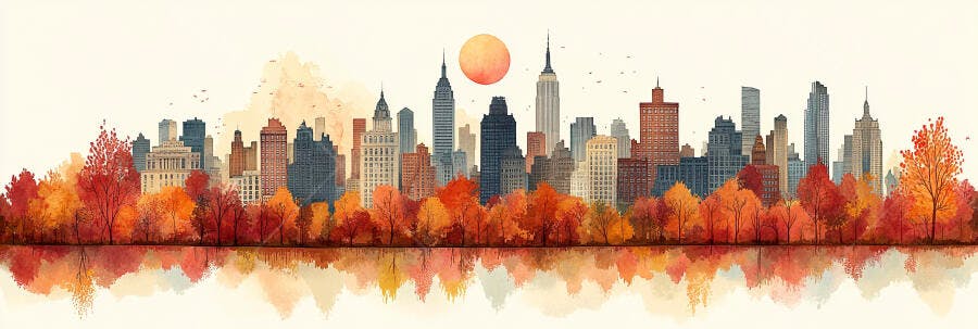 Paisagem Urbana Outono Aquarela com Reflexo na Água