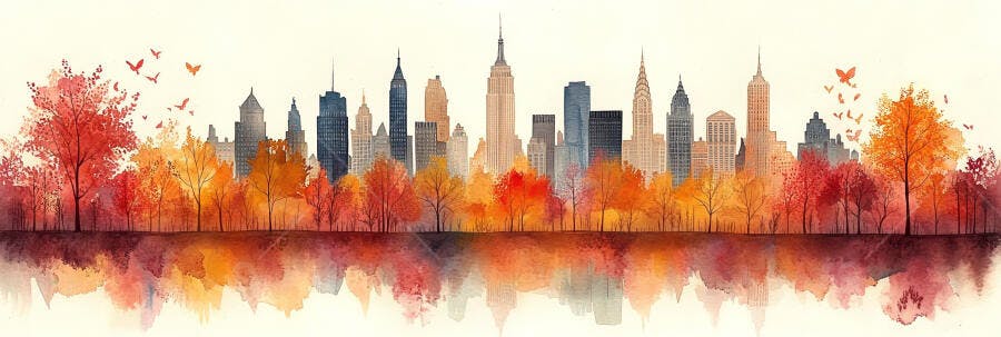 Ilustração Cidade Outono Aquarela com Reflexo na Água