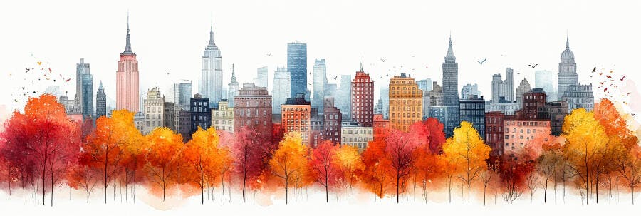 Ilustração Aquarela Cidade Outono Árvores Coloridas