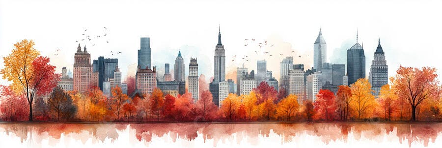 Pintura Aquarela Skyline Cidade Outono Árvores Coloridas