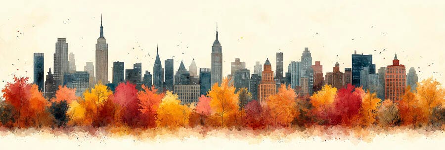 Skyline Cidade Outono Aquarela com Árvores Coloridas