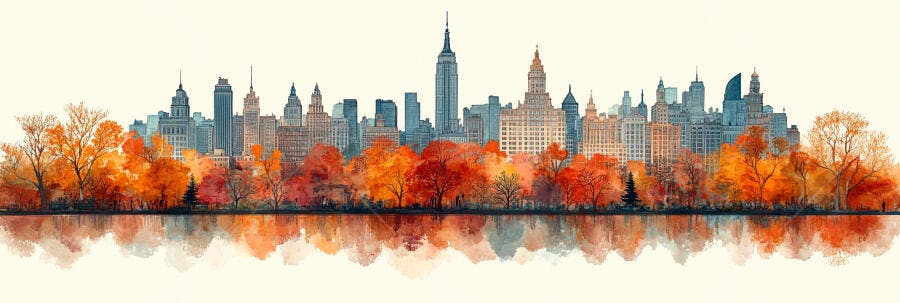 Foto Skyline Nova York Outono Árvores Coloridas Lago Reflexo