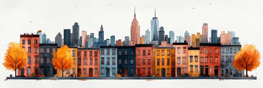 Ilustração Aquarela Cidade Nova York Prédios Coloridos Outono