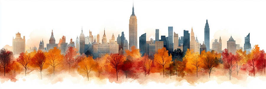 Ilustração Aquarela Skyline Nova York Outono Árvores Coloridas