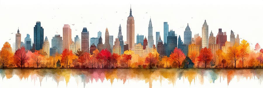 Ilustração Aquarela Skyline Cidade Outono Árvores Coloridas