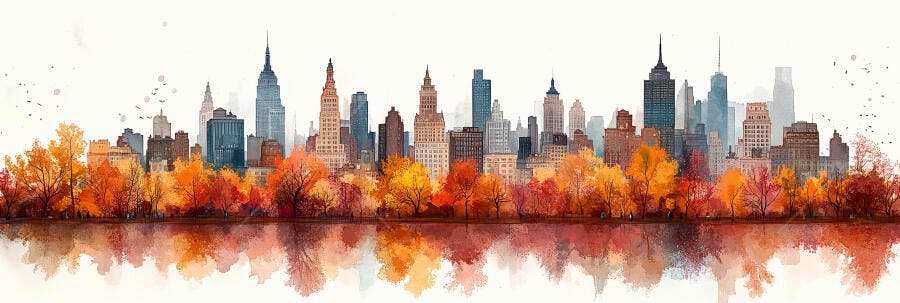 Ilustração Aquarela Cidade Nova York Outono Reflexo Água