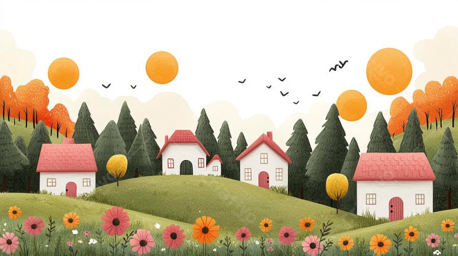 Ilustração Casas Campo Montanhas Flores Outono