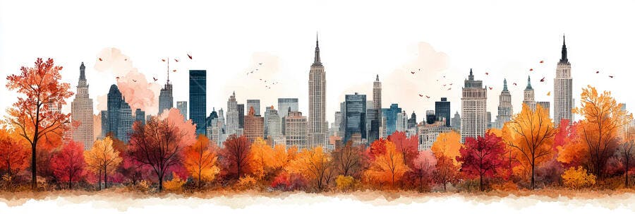 Ilustração Aquarela Skyline Cidade Outono Folhas Coloridas