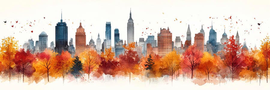 Ilustração Aquarela Skyline Cidade Outono Folhas Laranjas