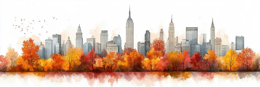 Foto Skyline Nova York Outono Aquarela Reflexo Água