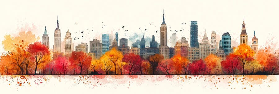 Ilustração Aquarela Skyline Nova York Outono Parque