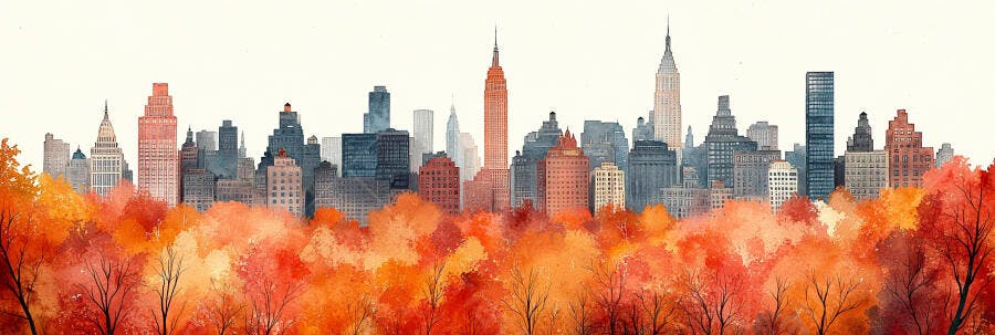 Foto Aquarela Skyline Cidade Outono Folhas Laranjas
