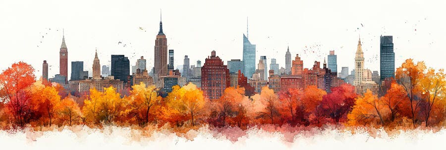 Paisagem Urbana Nova York Outono Aquarela Edifícios Famosos