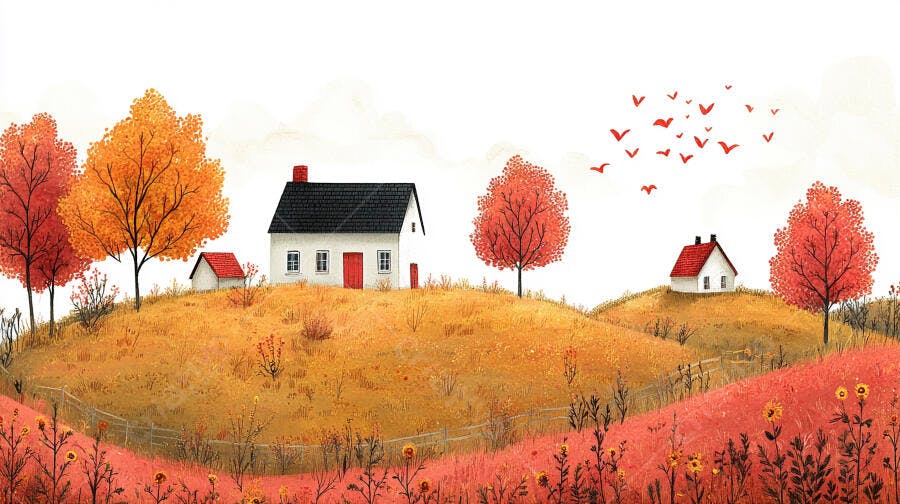 Ilustração Casas em Colinas Outono Pássaros Vermelhos