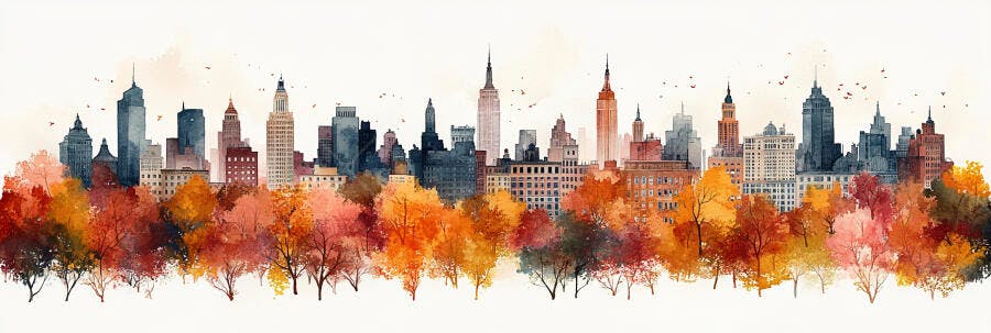 Skyline Cidade Outono Aquarela Folhas Laranjas Vermelhas
