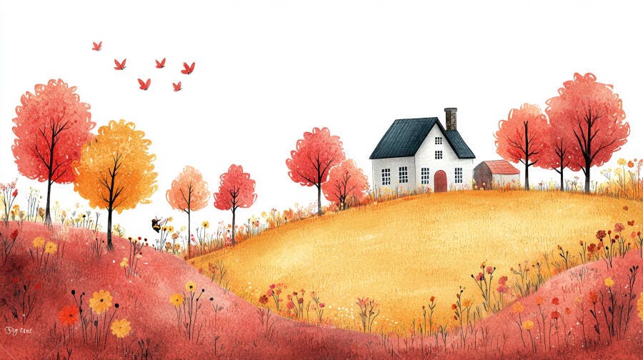 Ilustração Casa Campo Outono Árvores Vermelhas Amarelas