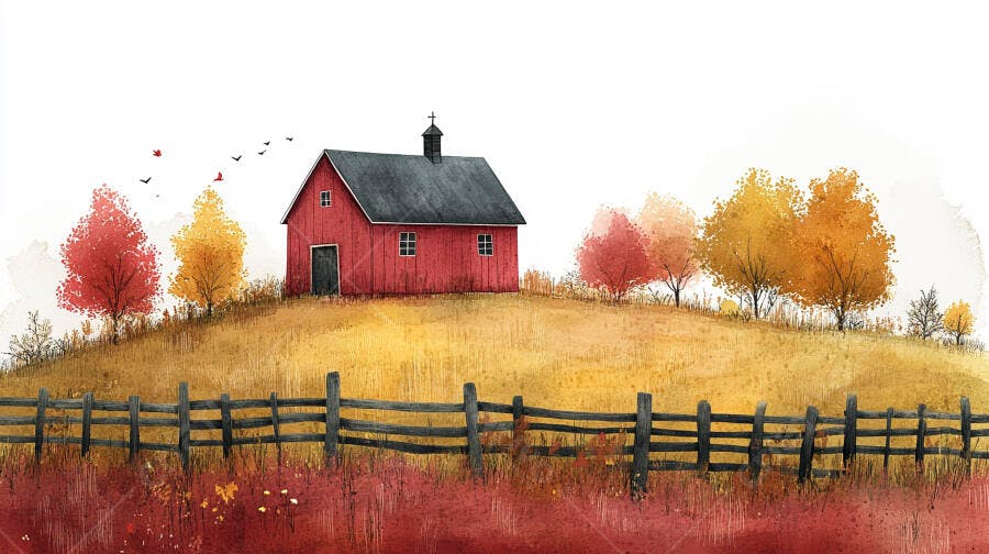Ilustração Aquarela Celeiro Vermelho Outono Campo