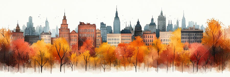 Ilustração Cidade Outono Aquarela Prédios Árvores Coloridas