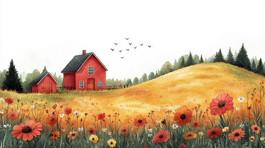 Ilustração Aquarela Casa Vermelha Campo Flores Silvestres