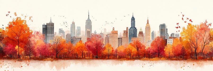 Pintura Aquarela Paisagem Urbana Outono Folhas Laranjas