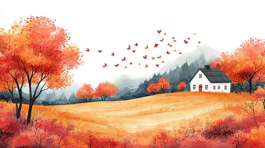 Ilustração Aquarela Casa Campo Outono Árvores Vermelhas