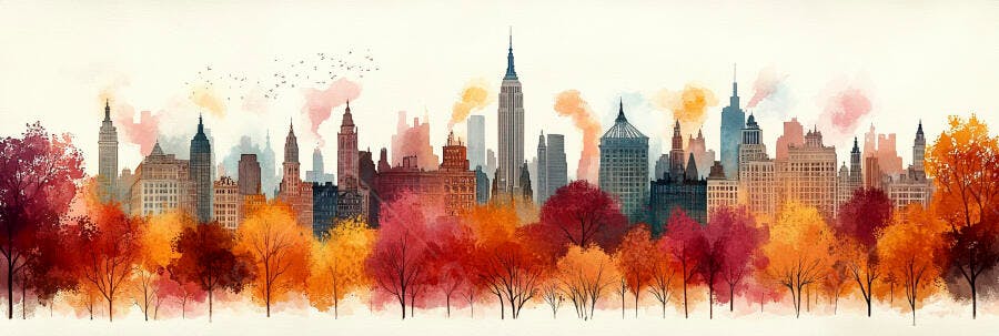 Foto Skyline Cidade Outono Aquarela Árvores Coloridas