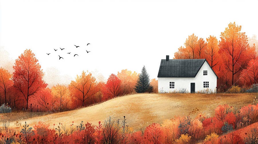 Ilustração Aquarela Casa Campo Outono Árvores Vermelhas