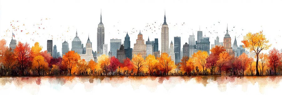 Paisagem Urbana Nova York Outono Aquarela Edifícios Árvores